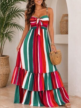 HP🎉 . Touch Dolls Colorful Striped Long Ruffle Zip Up Sleeveless Maxi Dress